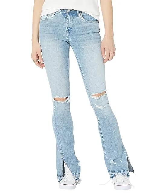 Hoyt Mini Boot Denim Jeans with Ripped Knees and Side Slit Released Hem in Blue