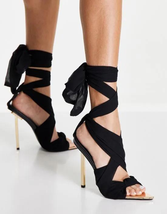 Huni ribbon tie up gold stiletto heeled sandals black