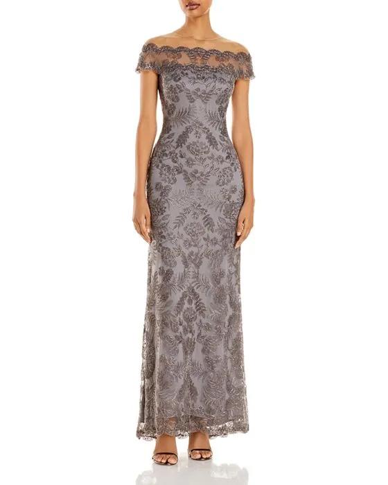 Illusion Off-The-Shoulder Lace Gown