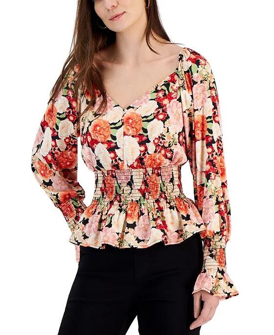 INC International Concepts Printed V-Neck Smocked Blouse, Created for Macy's