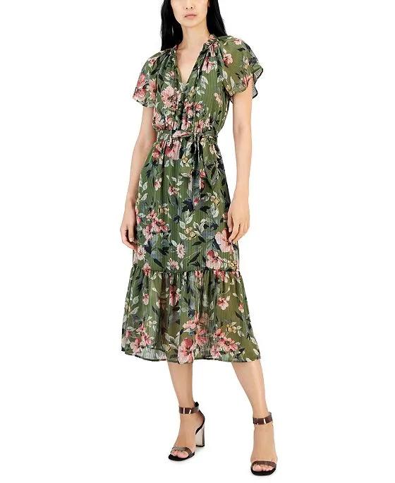INC International Concepts Women's Printed Flutter-Sleeve Tie-Neck Midi Dress, Created for Macy's