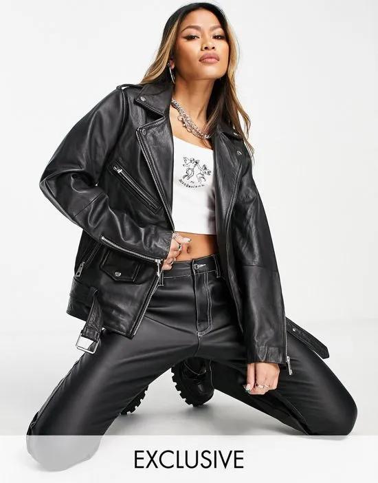 inspired oversized leather biker jacket
