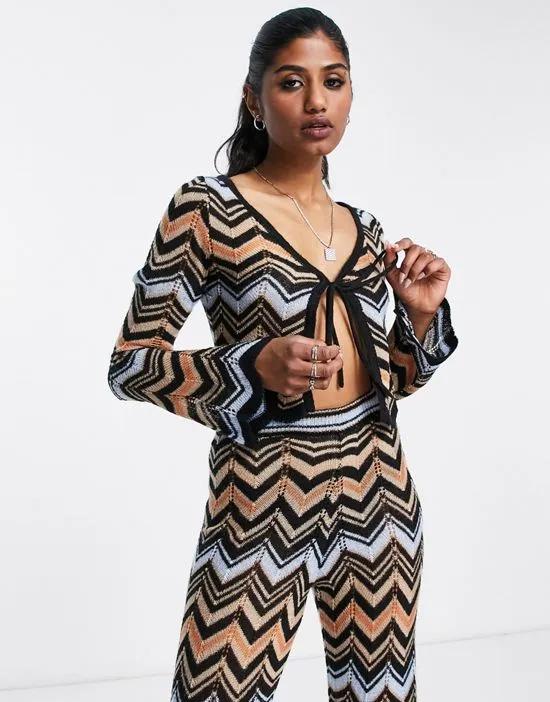 inspired pointelle tie front cardigan in zig zag - part of a set