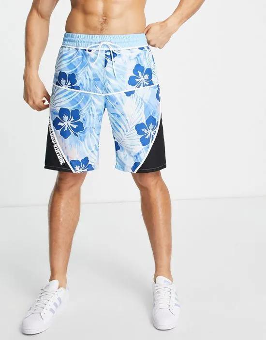 Inspired swim board shorts in blue Hawaiian print