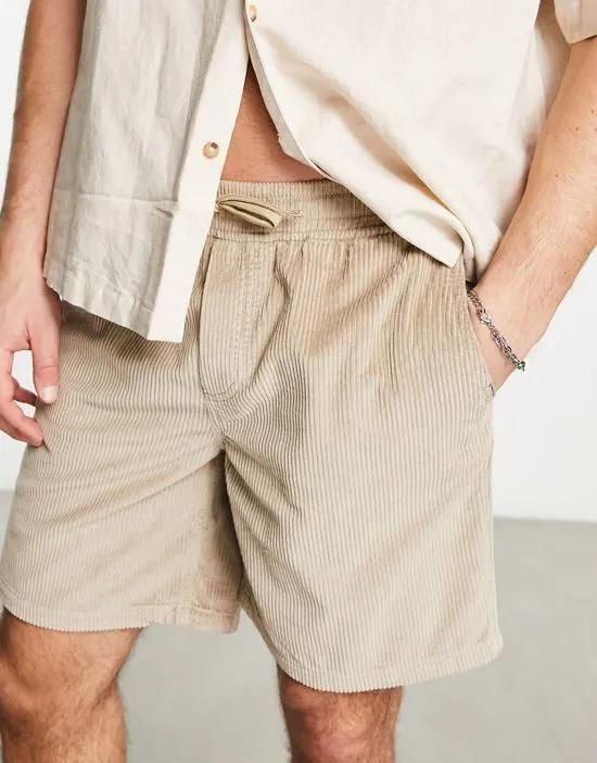 Intelligence elasticized waist corduroy shorts in beige