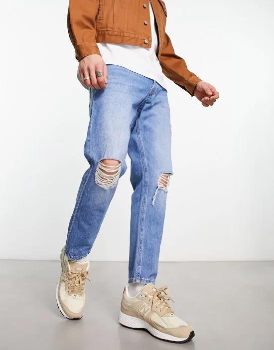 Intelligence frank tapered cropped jean in stone blue wash with rips