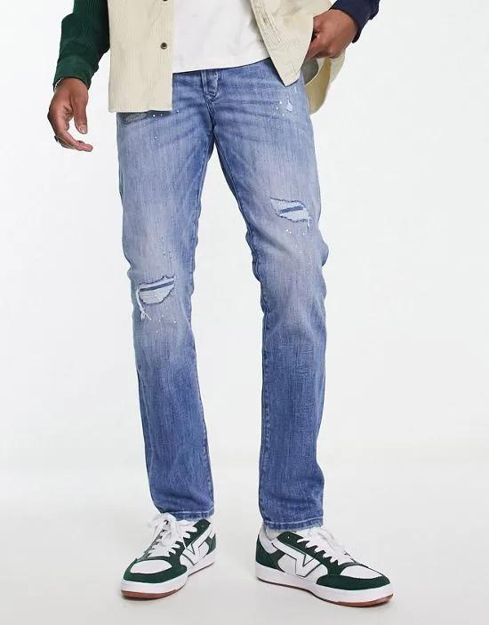 Intelligence Glenn slim fit jeans with pant platter rip and repair in light wash