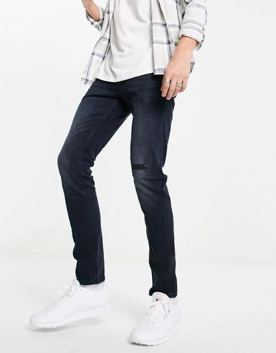 Intelligence Glenn slim fit super stretch jeans with rips in blue-black