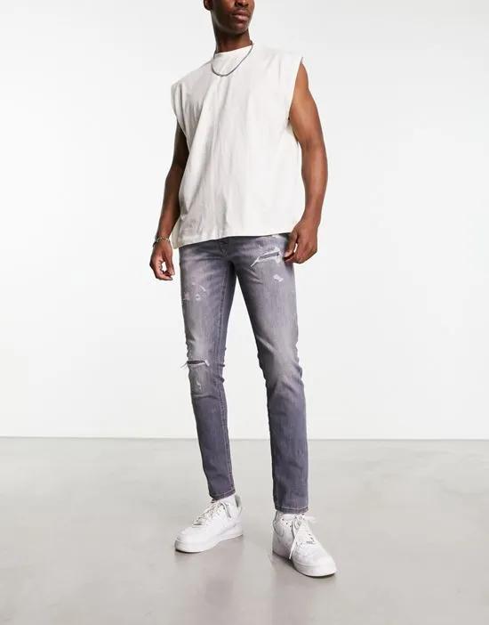 Intelligence Liam super stretch skinny fit jeans with rip and repair in gray wash