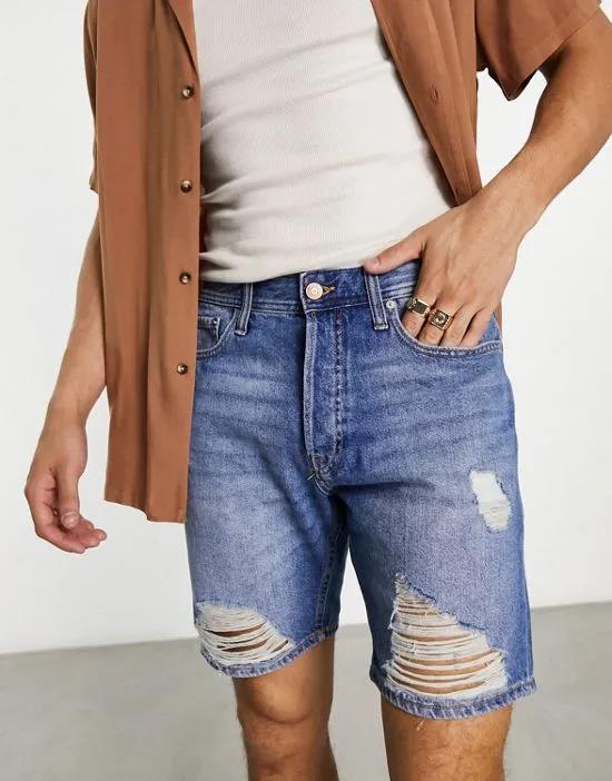 Intelligence relaxed fit denim shorts with distressing in light wash