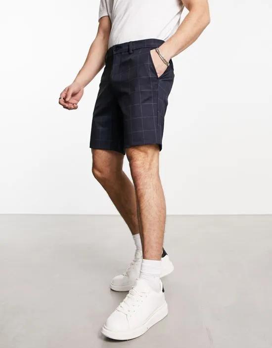 Intelligence slim fit smart jersey shorts in navy plaid