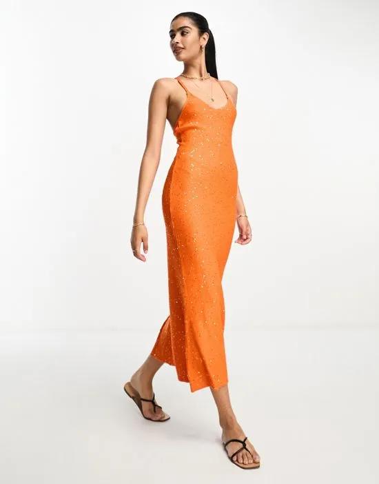 iridescent body-conscious style midi dress in orange