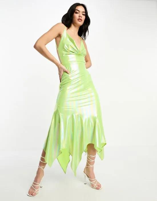 iridescent extreme cowl neck midaxi dress in green