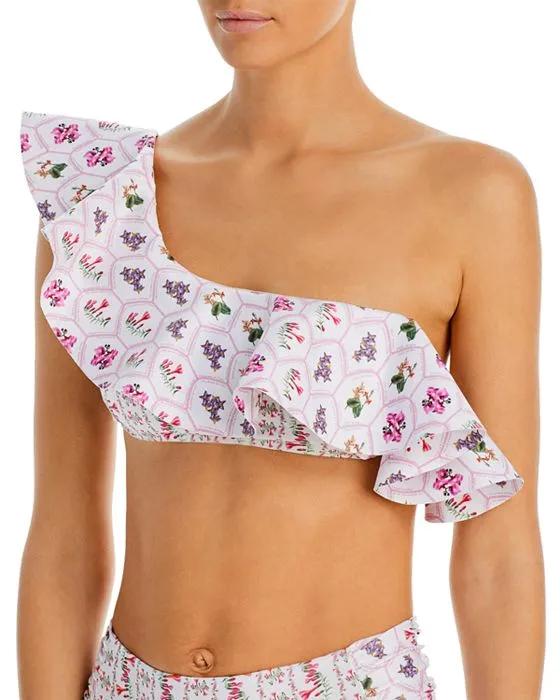 Isa Peruvia Floral Print Ruffle One Shoulder Bikini Top