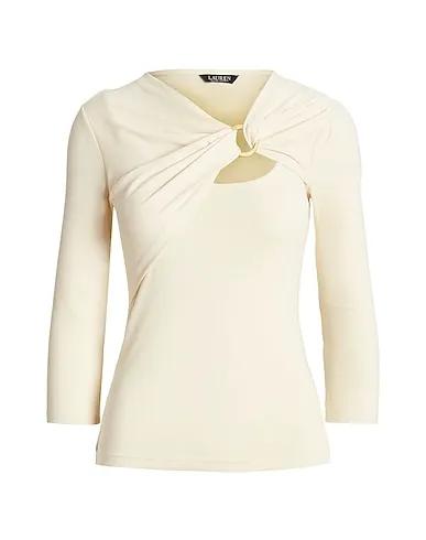 Ivory Jersey T-shirt RING-FRONT RIB-KNIT TOP
