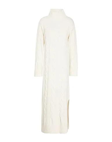 Ivory Knitted Midi dress CABLE KNIT HIGH-NECK LONG DRESS