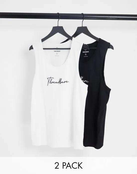 jackfruit 2 pack lounge tank tops with script logo in black and white