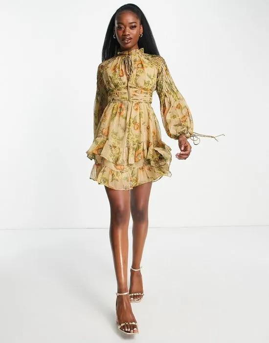 jacquard chiffon high neck mini dress with pintuck sleeve detail in floral print