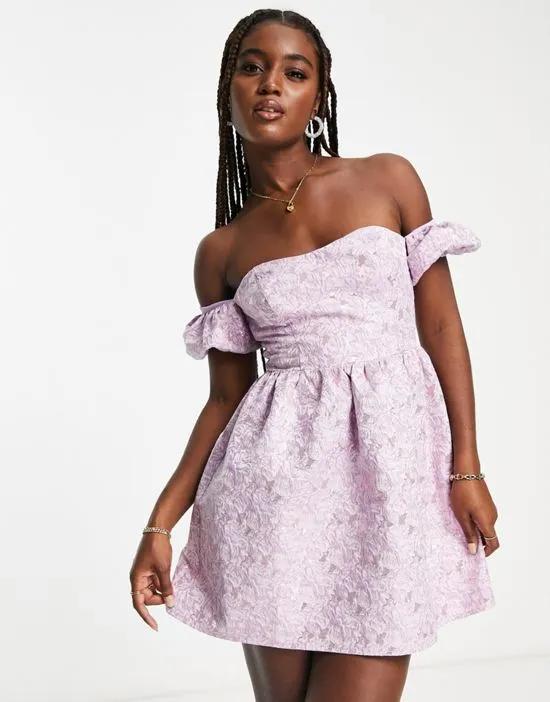 jacquard puff sleeve bardot mini dress in lilac