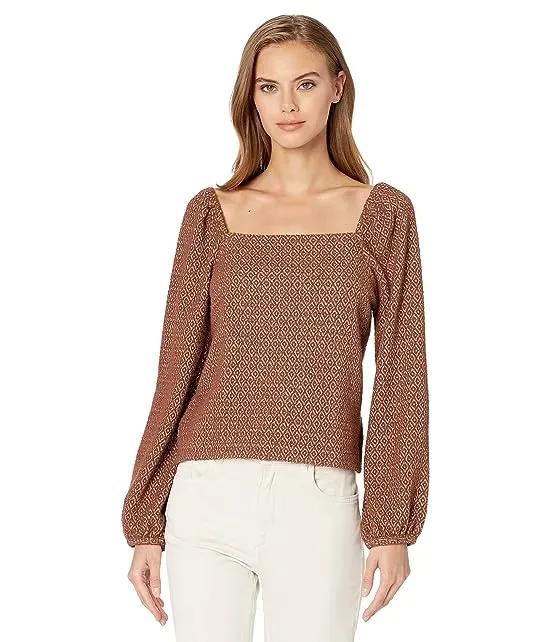 Jacquard Puff-Sleeve Button-Front Crop Top