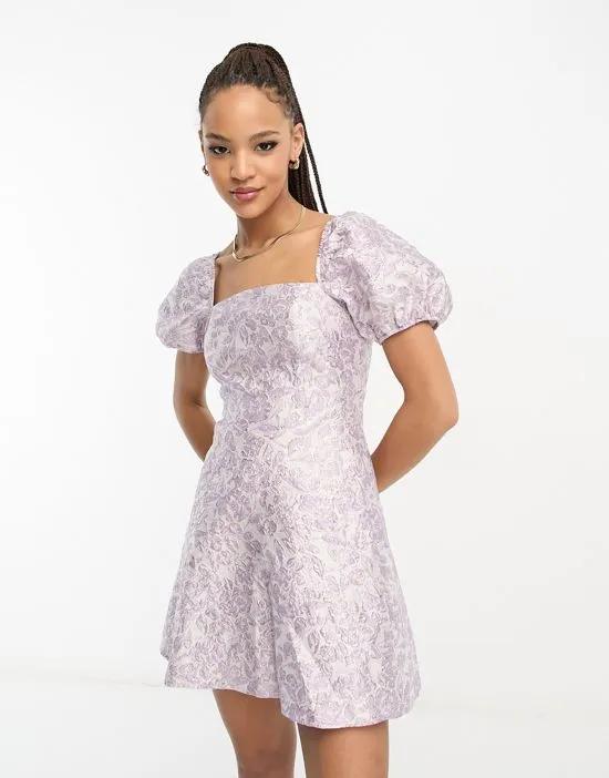 jacquard puff sleeve corset mini dress in lilac