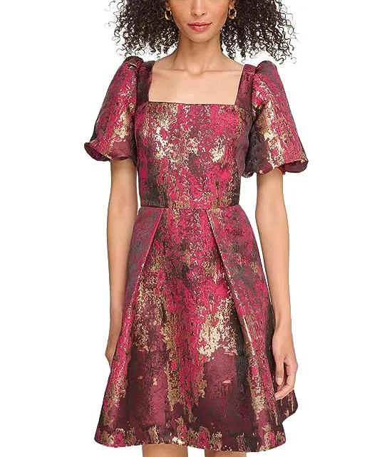 Jacquard Puff Sleeve Fit-and-Flare Dress