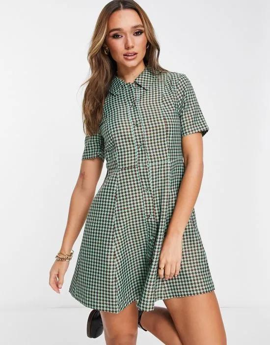 jacquard shirt mini dress in green and brown plaid