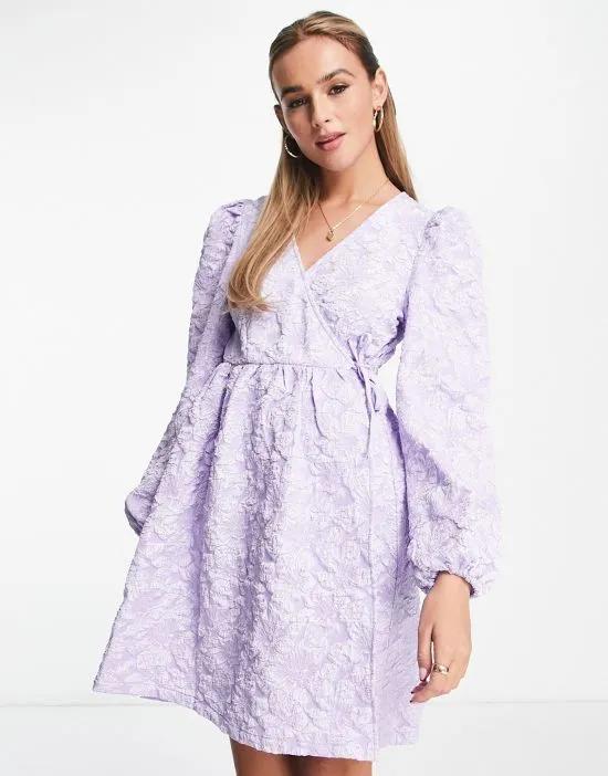 jacquard wrap front mini dress with long sleeve in lilac