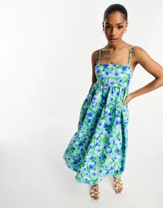 jaquard seersucker cami midi dress in blue and green flower print