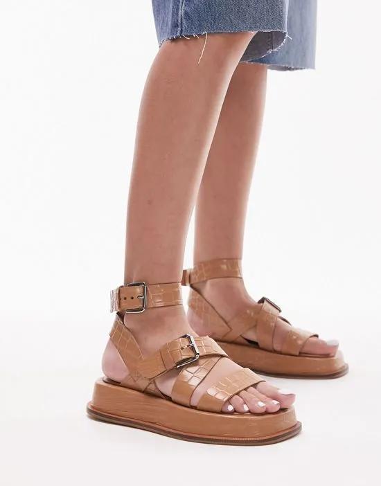 Jax leather chunky flat sandals with buckle in camel