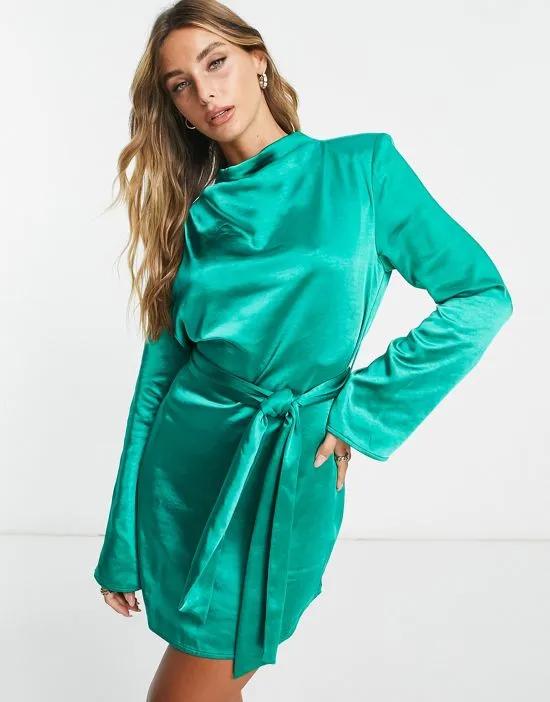 Jayda tie waist satin mini dress in emerald green