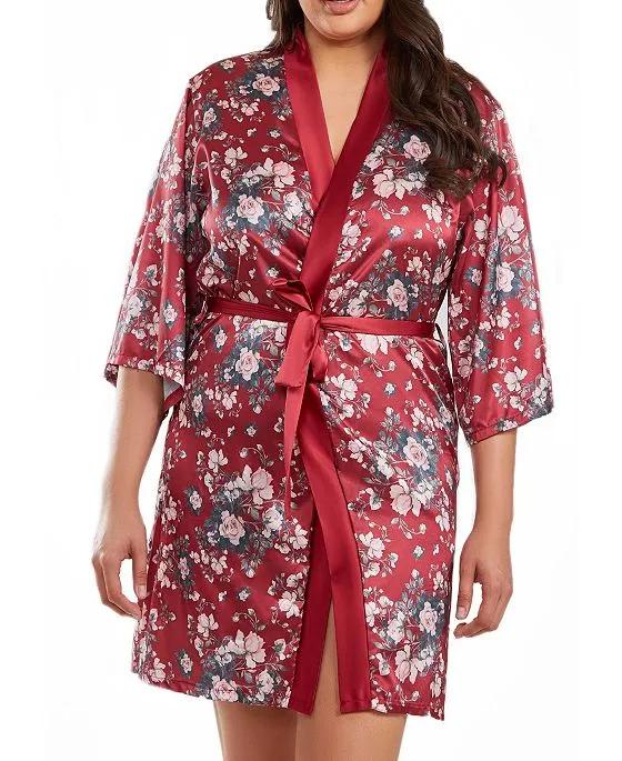 Jenna Plus Size Contrast Satin Floral Robe with Self Tie Sash, 1 Piece