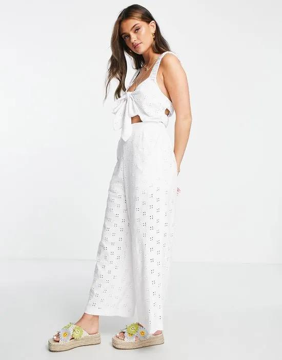 jersey eyelet elasticated back jumpsuit in white