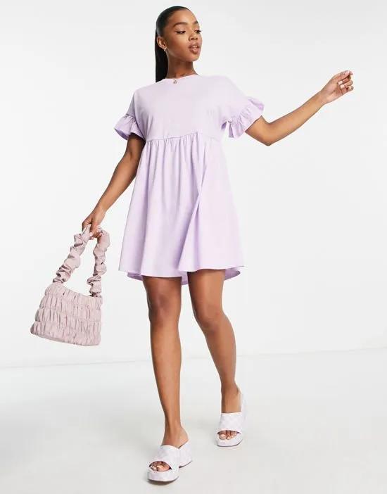 jersey mini smock dress with frill sleeves in lilac
