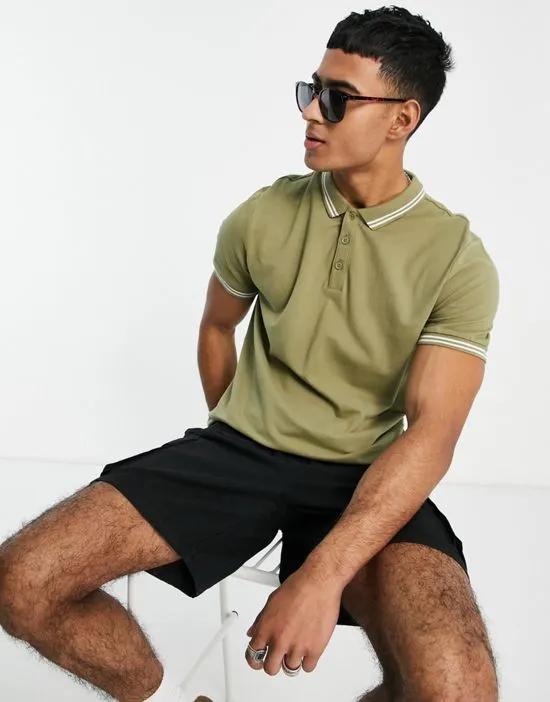 jersey polo with tipping in khaki