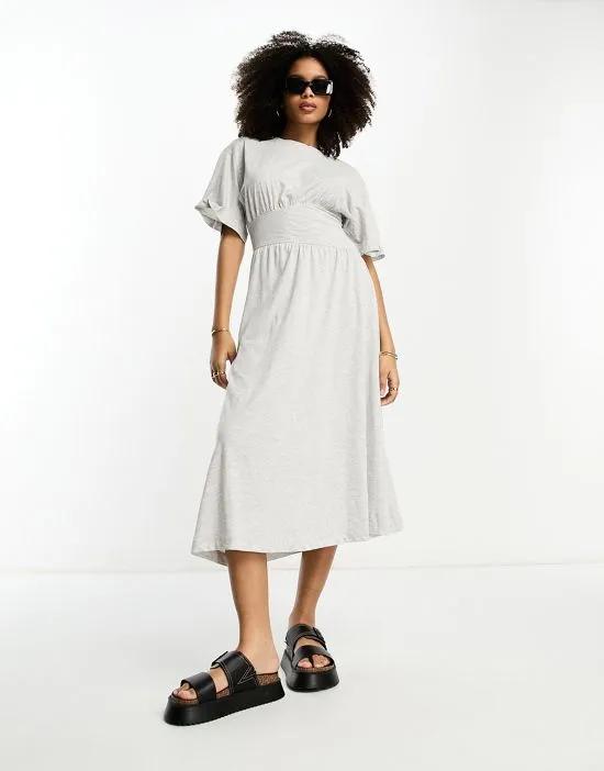 jersey smock midi dress with cinched waist in light gray
