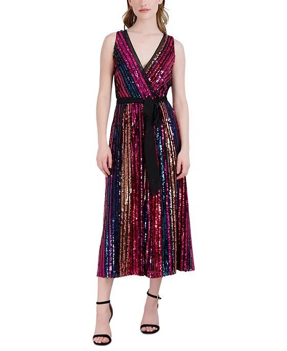 julia jordan Women's Sequined Faux-Wrap Belted Dress