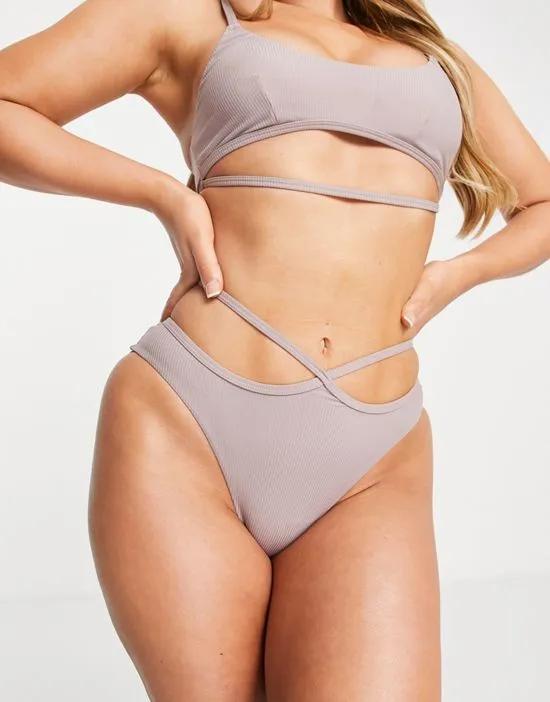 Julie slinky ribbed high waist brazilian briefs with strap in gray