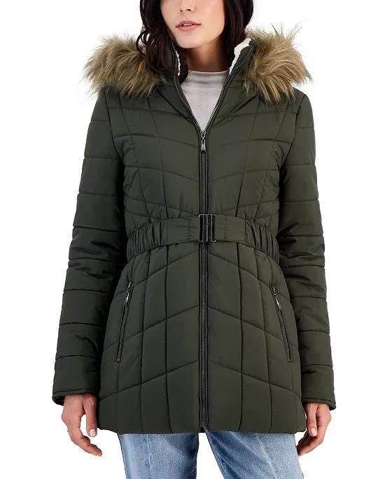 Juniors' Belted Faux-Fur-Hooded Puffer Coat