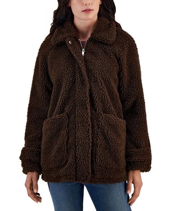 Juniors' Collared Zip-Front Fleece Coat