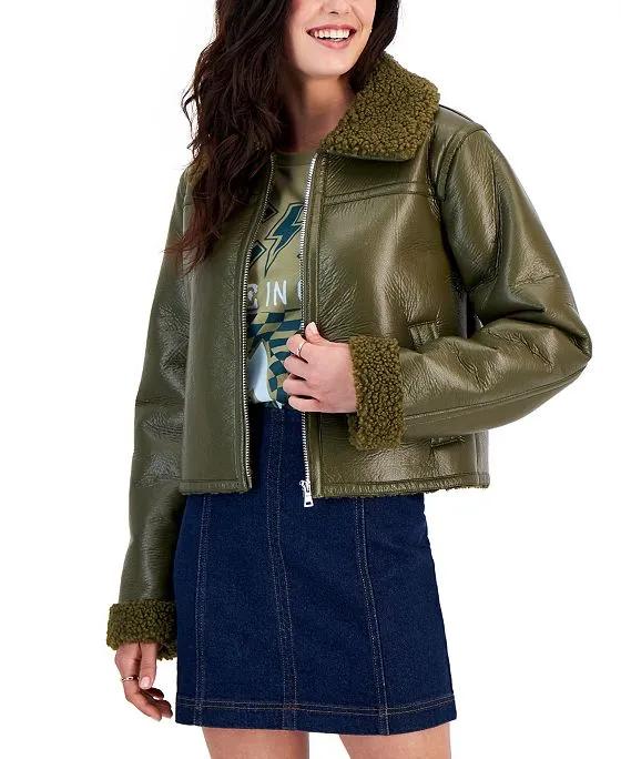Juniors' Cropped Faux-Leather Jacket