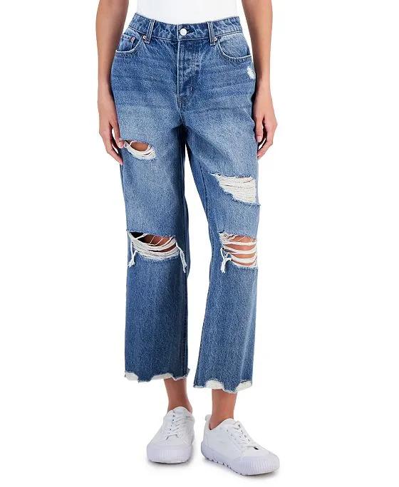 Juniors' Destructed Cotton Straight-Leg Denim Jeans