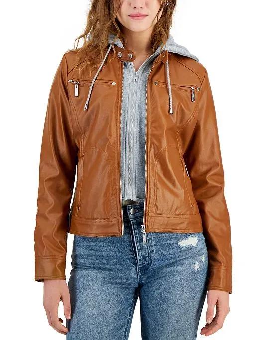 Juniors' Faux-Leather Hooded Moto Jacket, Created for Macy's