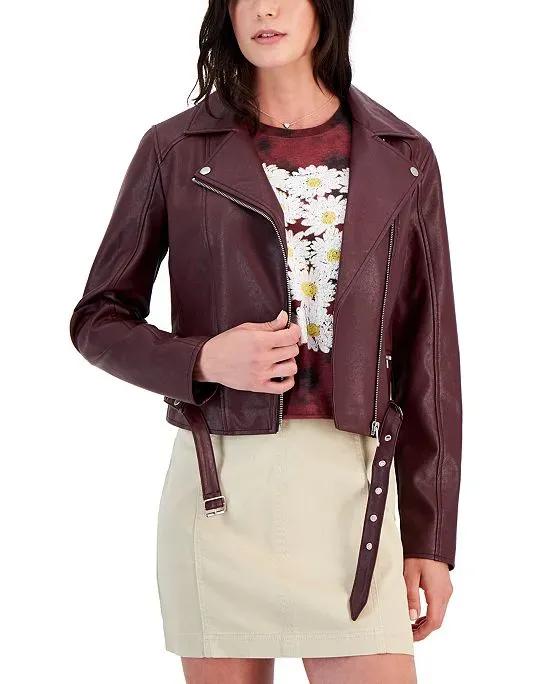 Juniors' Faux-Leather Long-Sleeve Moto Jacket, Created by Macy's
