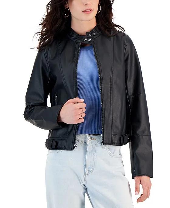 Juniors' Faux-Leather Long-Sleeve Moto Jacket