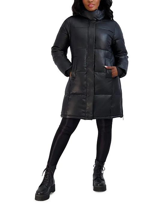 Juniors' Faux-Leather Puffer Coat