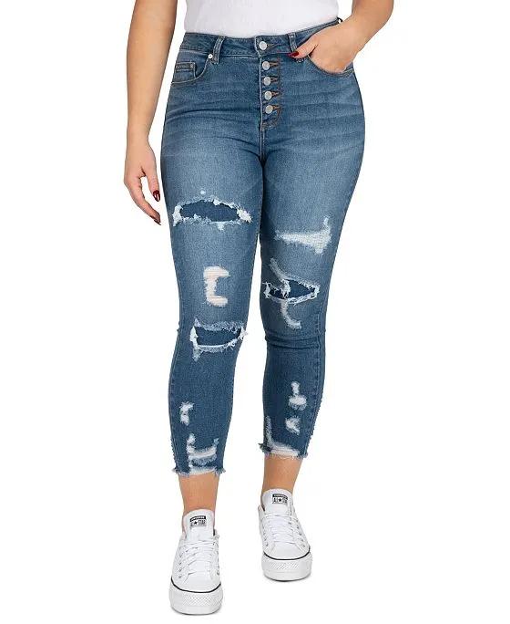 Juniors' High Rise Button Fly Distressed Cropped Jeans