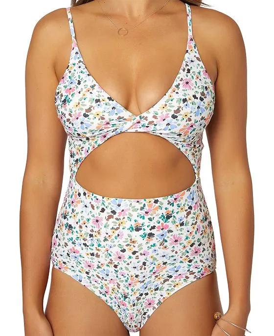 Juniors' Maggie Ditsy-Floral Cutout One-Piece Swimsuit