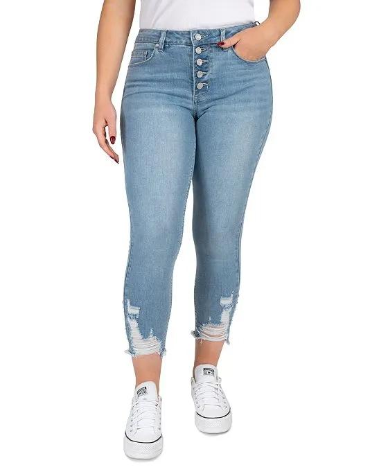 Juniors' Mid Rise Button Fly Distressed Cropped Jeans