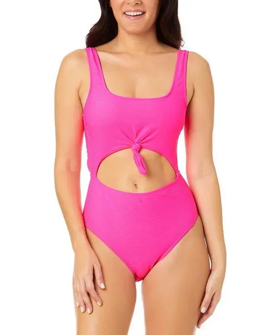 Juniors' Pink Sizzle Ribbed Knot-Front One-Piece Swimsuit, Created for Macy's